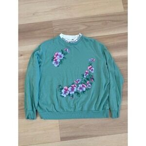 Vintage Blair Green Floral Embroidered‎ Mock Neck Acrylic Sweatshirt Women's